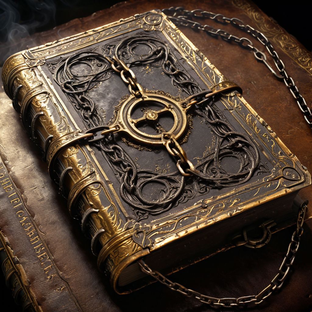 Ancient leather-bound book, ornate gilded cover, heavy iron chains, smoky tendrils twisting within, book open to a blank page, macro shot, cinematic lighting, hyper-realistic, symbolic, sense of mystery and despair