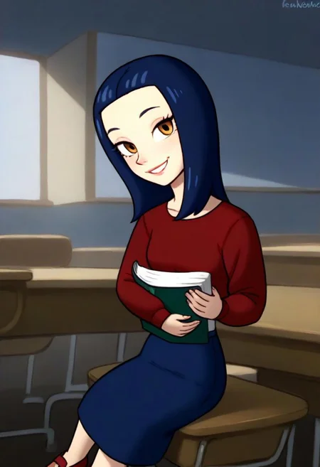 LesDnkl_TP, 1 girl, solo, blue hair, shoulder length hair, long eyelashes, red long sleeve shirt, blue skirt, red shoes, holding book in arms, looking at viewer, sitting on desk, seductive, teasing, flirting, smiling,
