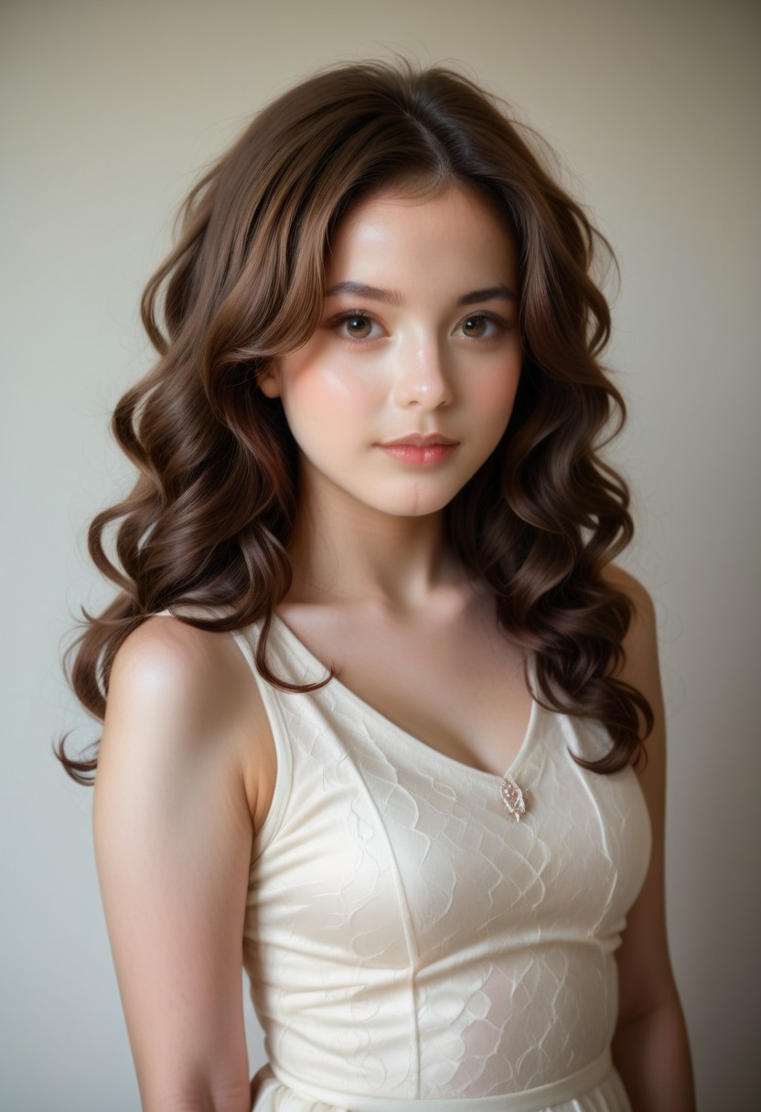 Young woman (ethnicity:1.0), (expression:1.1), (body type:1.0), wavy brown hair, light skin tone, natural light,  warm tone colors, photorealistic style, high detail, 8k resolution.