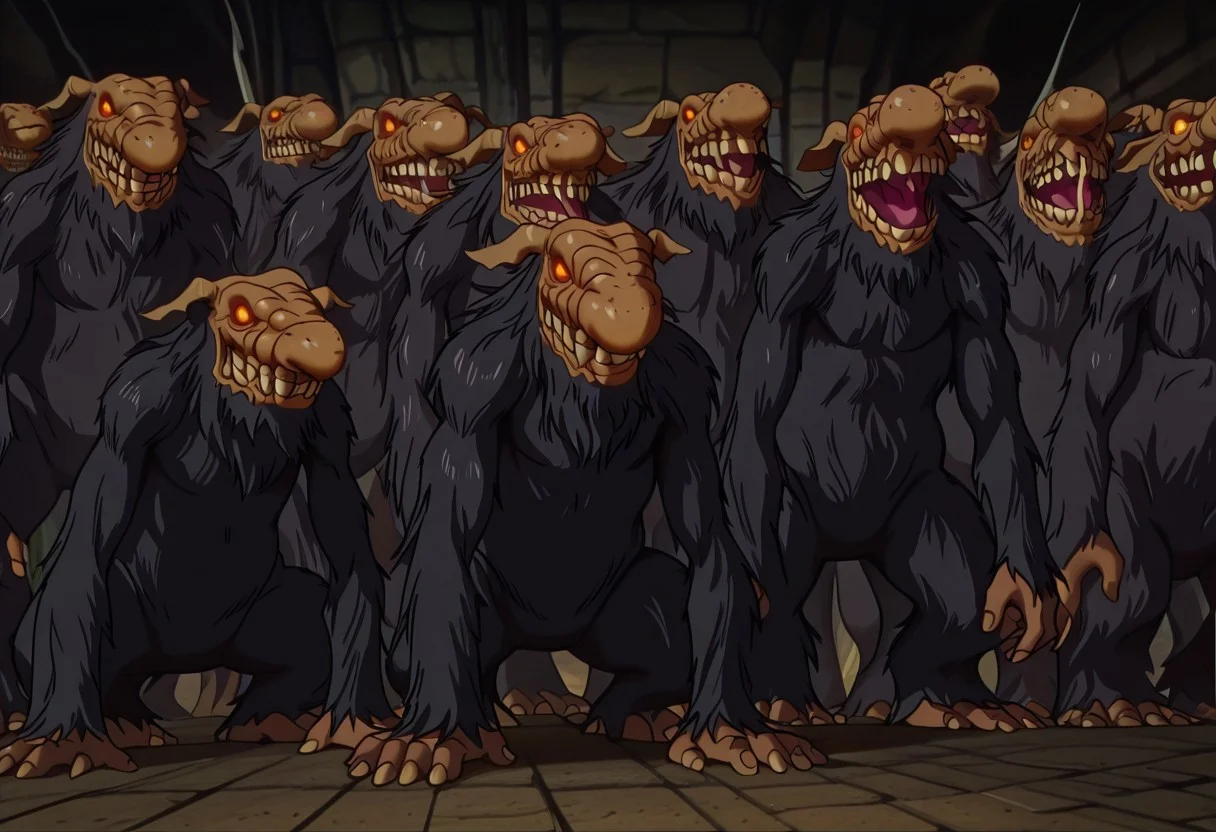 masterpiece, best quality, newest, absurdres, highres, anime, anime style, berserk, Berserk-Troll-IL-V1.0-MultipleTrolls, multiple trolls, multiple monsters, multiple others, monster,