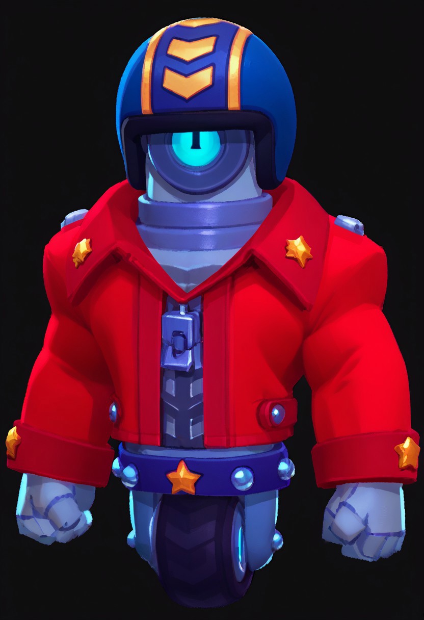 score_9_up, score_8_up, score_7_up, solo, 1boy, bs_stu, robot, blue helmet, red jacket, blue cloak, blue belt, legs wheel,