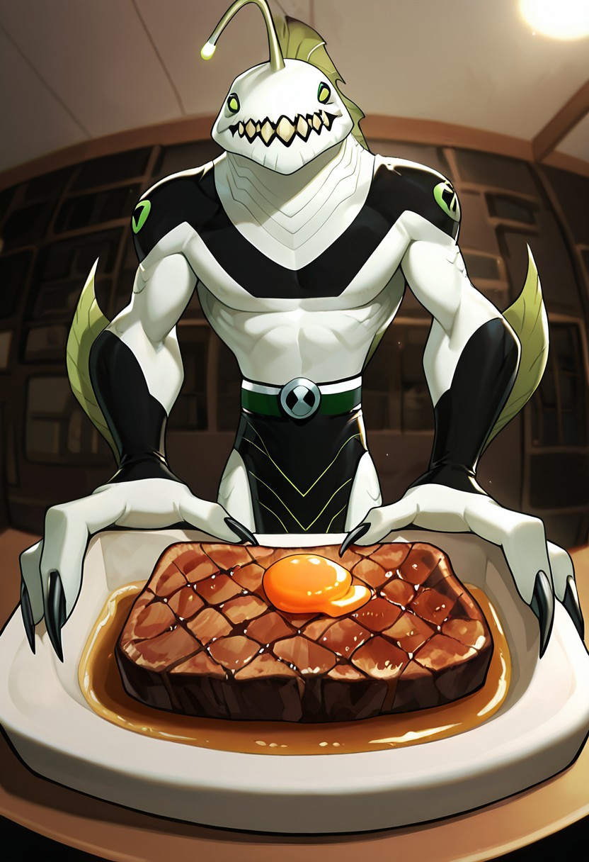 masterpiece, best quality, amazing quality, very aesthetic, absurdres, newest,,
ripjawsov, no humans, sharp teeth, teeth, colored skin, monster, pale skin, angler fish lure, green eyes, small eyes, , monster boy, claws, digimon (creature), fins, , square jaw
fish eye, butchery, holding steak, cartoon steak, japanese butchery, fisheye, 2000s, smile, pale legs,