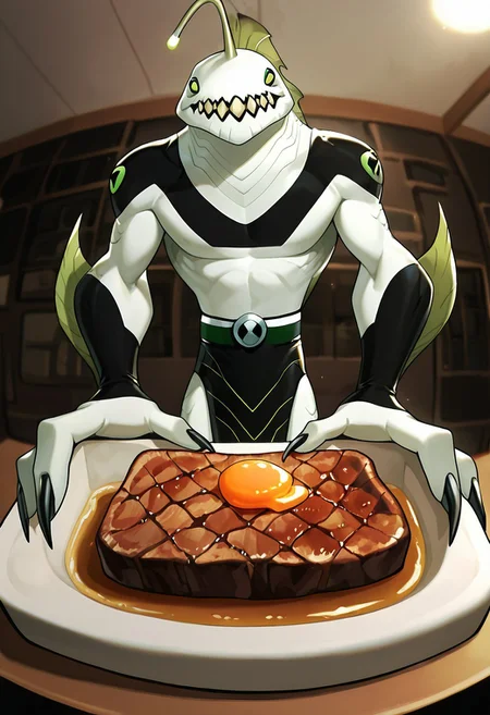 masterpiece, best quality, amazing quality, very aesthetic, absurdres, newest,,
ripjawsov, no humans, sharp teeth, teeth, colored skin, monster, pale skin, angler fish lure, green eyes, small eyes, , monster boy, claws, digimon (creature), fins, , square jaw
fish eye, butchery, holding steak, cartoon steak, japanese butchery, fisheye, 2000s, smile, pale legs,
