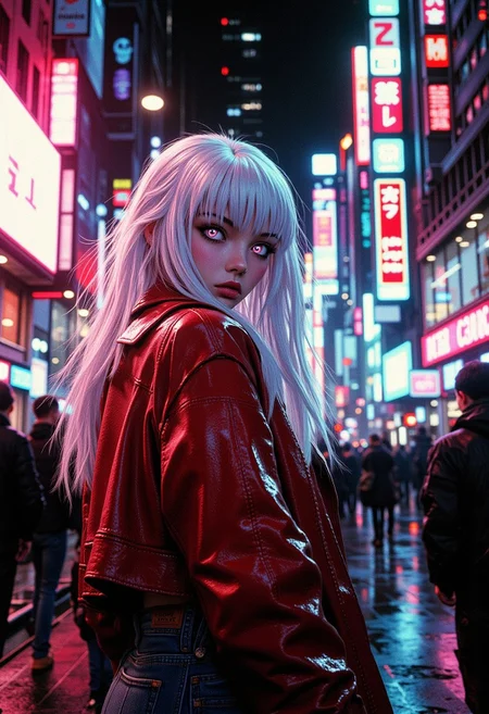 Chiaroscuro Lighting Style, Covered in shadows, 1girl, white flowing hair, bangs, glowing eyes,red lips, smooth skin, red leather jacket, denim skirt, walking in a crowd on a cyberpunk alley, glancing at viewer, glowing led and lcd signs and adverts, bokeh, night