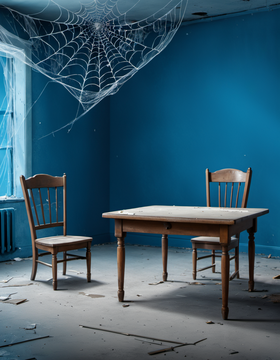 <lora:Mystery_Inc_BackgroundsXL:1> a chair and a table in a spooky abandoned room with blue walls and spiderwebs everywhere, long shot