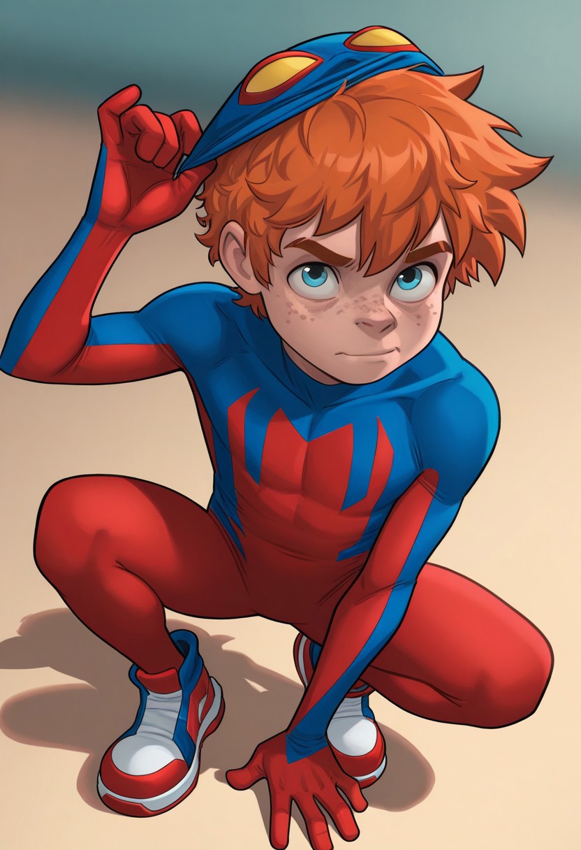 1boy, male focus, cute boy, solo, BaileyBriggs, blue Mask, Yellow Eyes, Spiderboy Costume, Two-tone Bodysuit, Red Bodysuit, Blue Bodysuit, Red Blue Sneakers, cinematic, intricately detailed illustration, depth of field, masterpiece, best quality, amazing quality, very aesthetic, absurdres, newest, very awa, shadow, dynamic angle, casual cosplay, maskLiftConcept, Mask on scalp, Orange Hair, Blue Eyes, Freckles