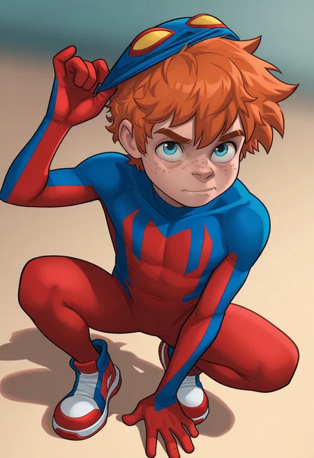1boy, male focus, cute boy, solo, BaileyBriggs, blue Mask, Yellow Eyes, Spiderboy Costume, Two-tone Bodysuit, Red Bodysuit, Blue Bodysuit, Red Blue Sneakers, cinematic, intricately detailed illustration, depth of field, masterpiece, best quality, amazing quality, very aesthetic, absurdres, newest, very awa, shadow, dynamic angle, casual cosplay, maskLiftConcept, Mask on scalp, Orange Hair, Blue Eyes, Freckles