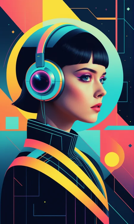 women, flat shading, bizarre technology, faded colors, faded bright colors, cyber-inspired typography, futuristic imagery, retrofuturism graphic designe, Holographic and Reflective Elements, Geometric Influences, strait lines, space thriller movie poster, Bauhaus, shapes, lines, abstract<lora:xl_more_art-full_v1:0.3>