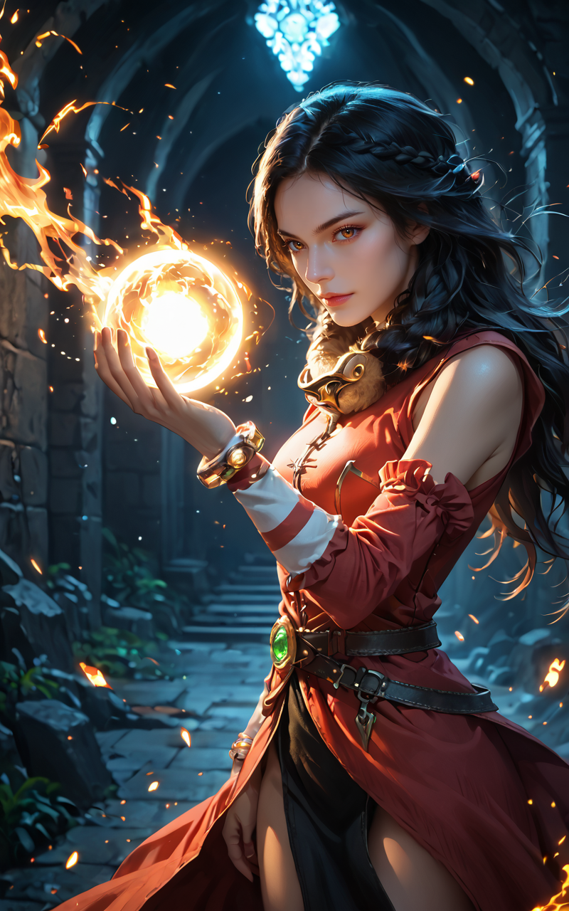 score_9,score_8_up,score_7_up,score_6_up,score_5_up,zPDXL2,8k,absurdres,fantasy style,art by artgerm and greg rutkowski,dimlighted,<lora:Expressive_H:0.5>,expressiveh,from side,(dark:1.4),fighting stance,sparks,fire,lightning,<lora:dark_v1.9-pony:0.7>,(dungeon:1.3),dark theme,dim lighting,black theme,dark background,dark room,black background BREAK
(1girl,solo,serious,shaggy hair, black hair,hazel eyes,glowing, aura,(holding glowing green sphere in hand, glowing gas),<lora:profRoPonyV1.28:0.7>,profRO,animal around neck,bangle,striped sleeves,long dress,red dress,black pelvic curtain,belt,bracelet,detached sleeves,arm warmers,boots,),<lora:OrbBlast:0.7>,orb blast on one hand,looking at viewer,seductive smile,hand on own hair,