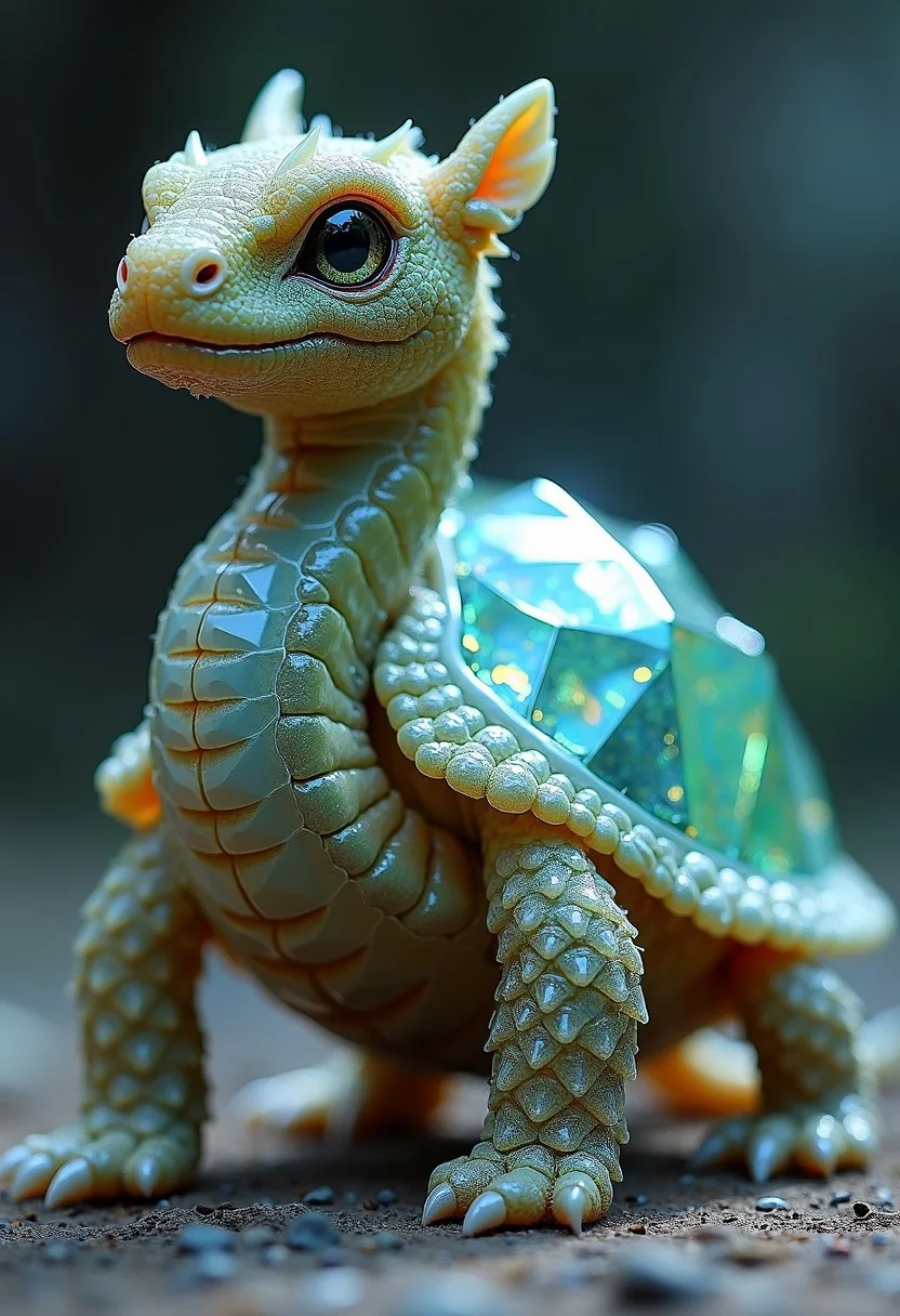 Create a unique fantasy pet companion that resembles a small turtle with crystalline armor and serpentine features. Its shell is made of gleaming, semi-transparent crystals that reflect light in iridescent colors. The creature has a long, sinuous neck and tail, both covered in fine, glass-like scales. Its eyes are sharp and gleaming, and it can curl up into its shell to become an impenetrable crystal orb. When it moves, it leaves a trail of sparkling dust, and its slow but deliberate pace gives it a sense of ancient wisdom.