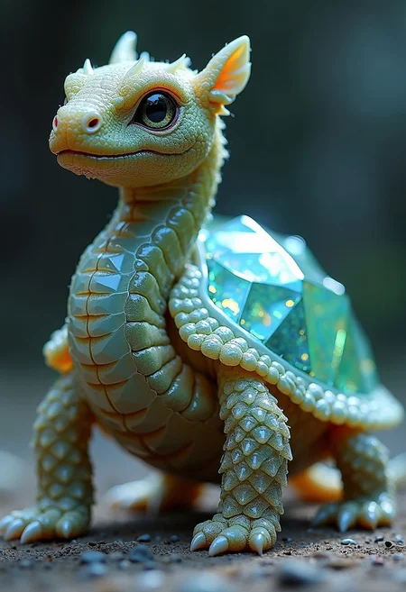 Create a unique fantasy pet companion that resembles a small turtle with crystalline armor and serpentine features. Its shell is made of gleaming, semi-transparent crystals that reflect light in iridescent colors. The creature has a long, sinuous neck and tail, both covered in fine, glass-like scales. Its eyes are sharp and gleaming, and it can curl up into its shell to become an impenetrable crystal orb. When it moves, it leaves a trail of sparkling dust, and its slow but deliberate pace gives it a sense of ancient wisdom.