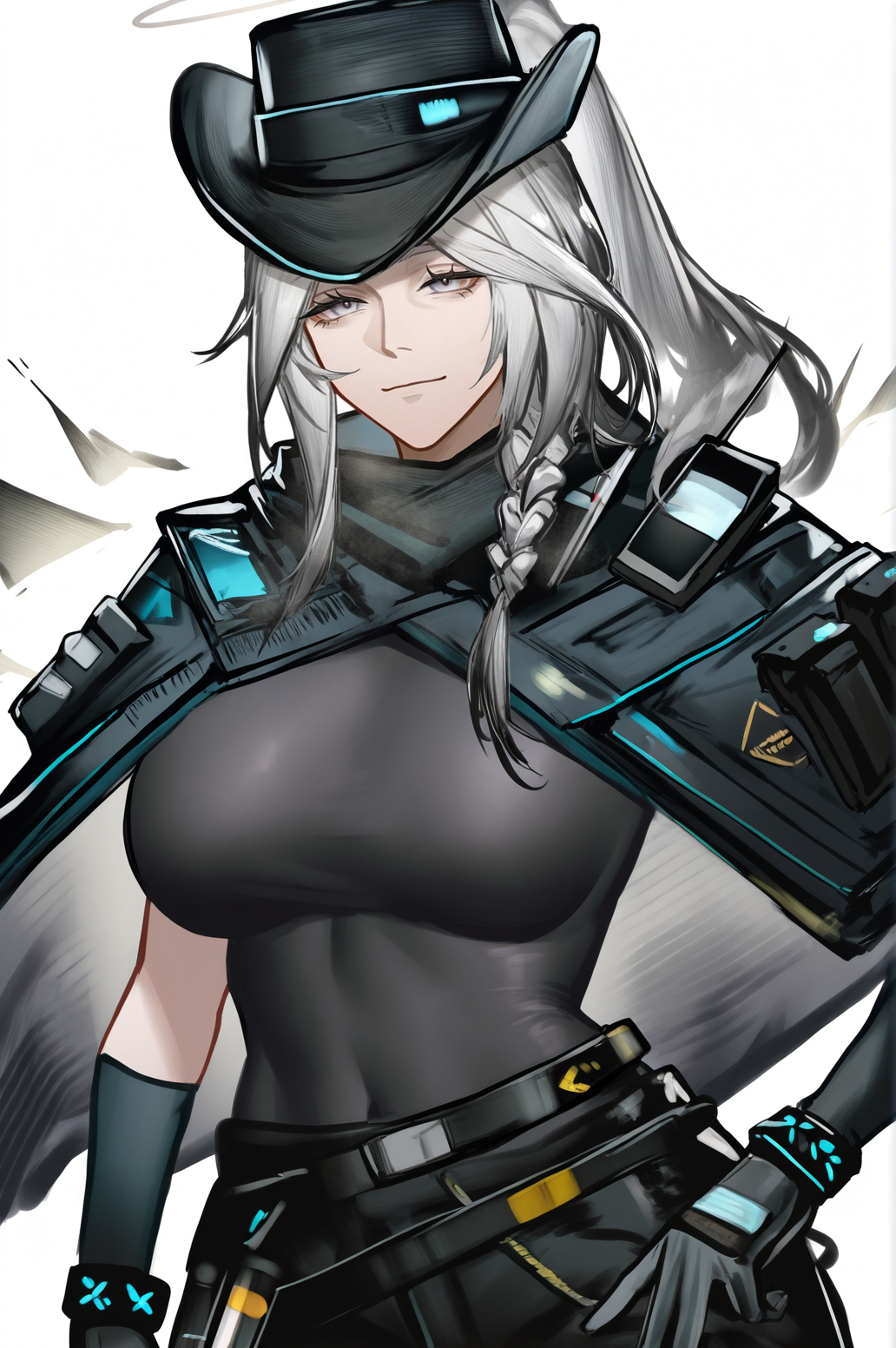 outcast (arknights),mature female,breasts,solo,hat,white background,portrait,skin tight,tight,sexy pose,1girl,simple background,black headwear,black footwear,gloves,pants,black pants,standing,looking at viewer,looking at viewer,<lora:outcast_arknights:1>,masterpiece,best quality,