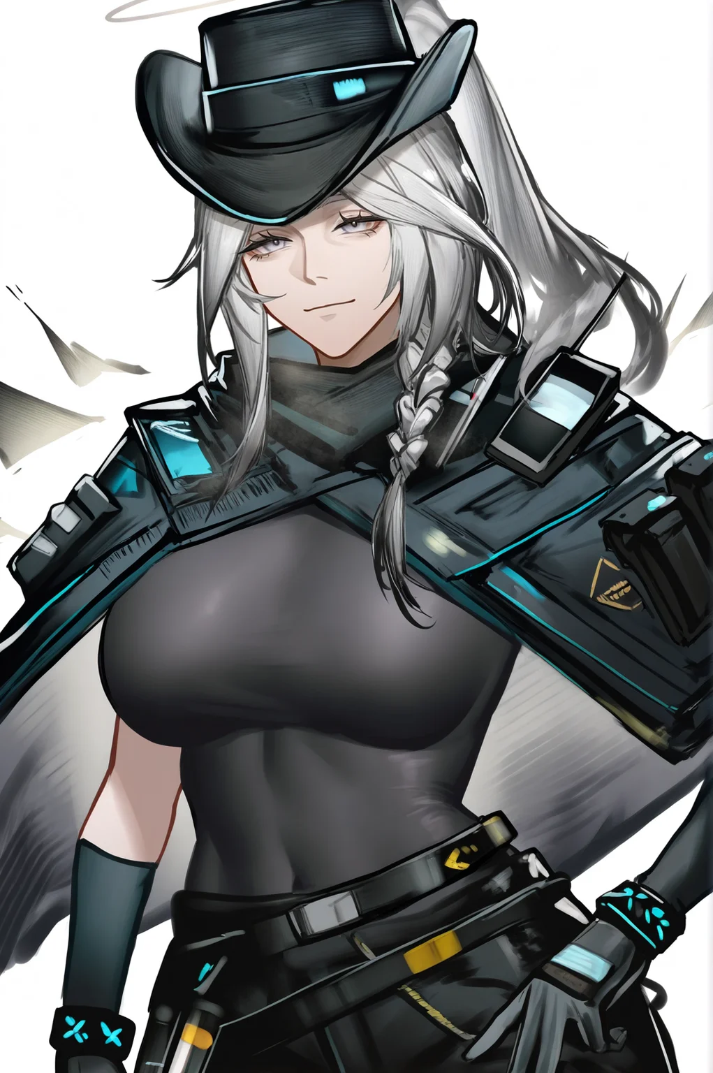 outcast (arknights),mature female,breasts,solo,hat,white background,portrait,skin tight,tight,sexy pose,1girl,simple background,black headwear,black footwear,gloves,pants,black pants,standing,looking at viewer,looking at viewer,<lora:outcast_arknights:1>,masterpiece,best quality,