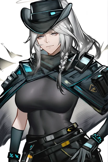 outcast (arknights),mature female,breasts,solo,hat,white background,portrait,skin tight,tight,sexy pose,1girl,simple background,black headwear,black footwear,gloves,pants,black pants,standing,looking at viewer,looking at viewer,<lora:outcast_arknights:1>,masterpiece,best quality,