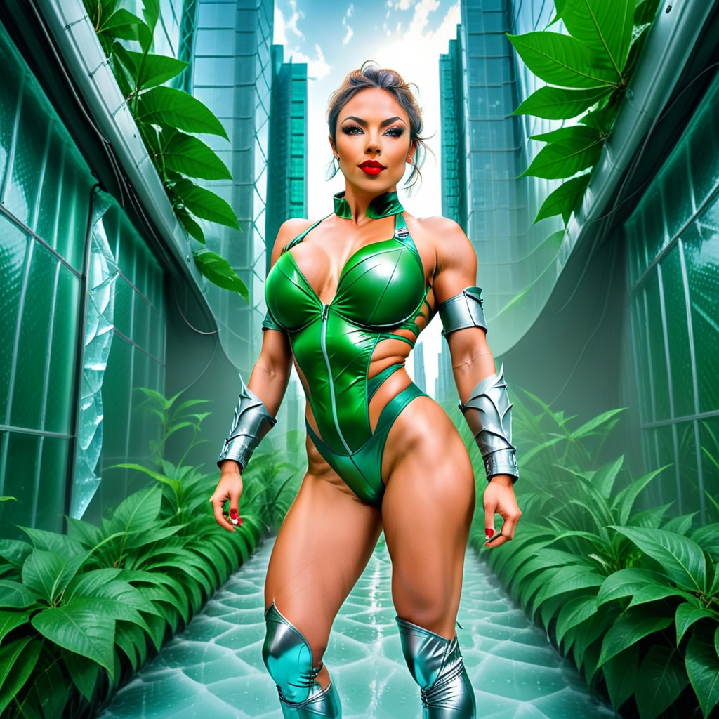 green leotard, ice, grey shirt, red lips, parted lips, green shorts, leaf, looking at viewer, blue pants, zipper, science fiction, sun, ass, bikini, bra, sky, tree, building, crossed legs, armor, bare shoulders, highleg bikini, black gloves, thong leotard