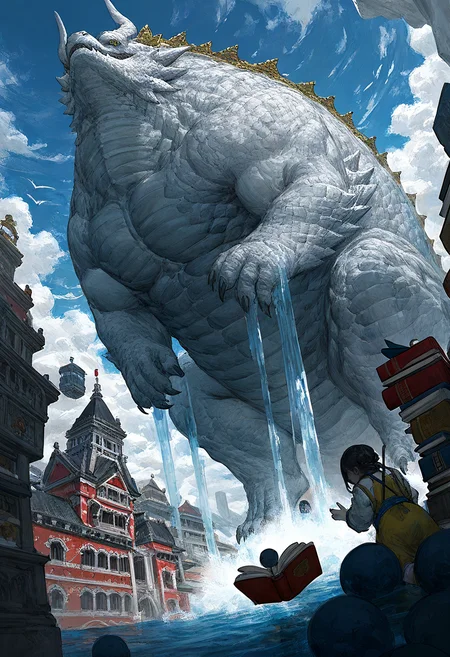 score_9, score_8_up, score_7_up, source_anime, dragon, creature, animal focus, upside-down, sky below, waterfall, all fours, dynamic angle, skin adorned with chinese traditional mother-of-pearl inlay, cd interference effect pupils, moody iridescent shades film photography aesthetic, architecture, four-dimentional warehouse, lots of glass fiber, book stack, messy interior, floating pages, motherland_chronicles, tkstyle, tktrad, best quality, masterpiece, amazing quality, best aesthetic, absurdres, <lora:tkstyle_pony-9-000023:1.1>