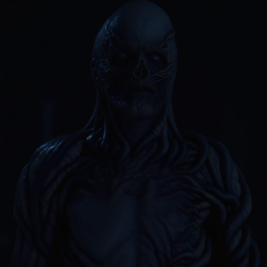 vecnastrangerthings, vecnastrthg, vecstrangthing, detailed horror portrait of a muscular undead humanoid, stretched skin over bone, glowing red veins under decayed flesh, elongated fingers partially visible, gray empty eyes, hollow nose hole, disturbing expression, neutral foggy background, dark ambient lighting, ultra realistic, high detail