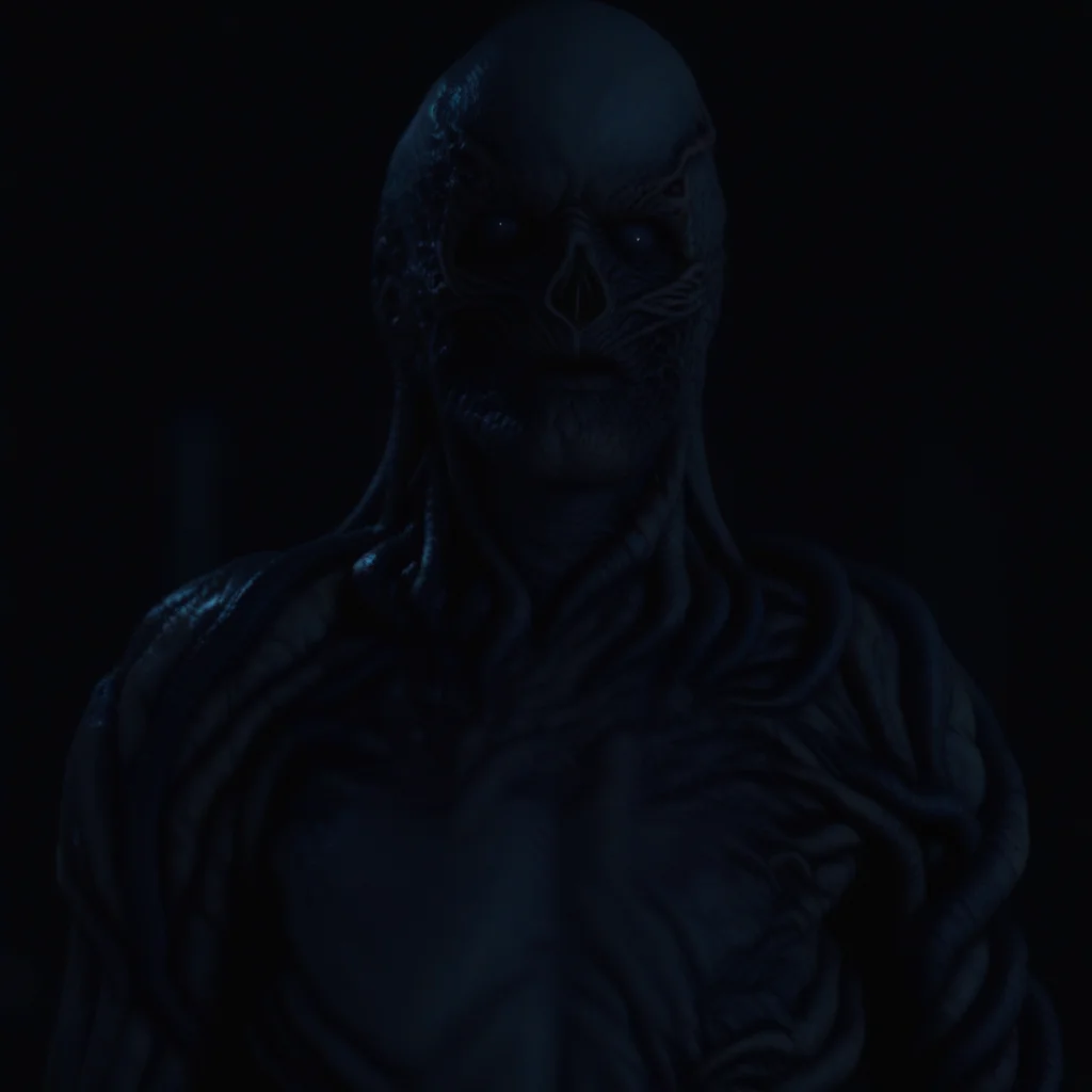 vecnastrangerthings, vecnastrthg, vecstrangthing, detailed horror portrait of a muscular undead humanoid, stretched skin over bone, glowing red veins under decayed flesh, elongated fingers partially visible, gray empty eyes, hollow nose hole, disturbing expression, neutral foggy background, dark ambient lighting, ultra realistic, high detail