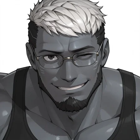 Barakynd, gray skin, facial hair, glasses, tank top, face focus, perfect face, muscular, p3reloadportraits, portrait, white background, looking at viewer, smiling, winking