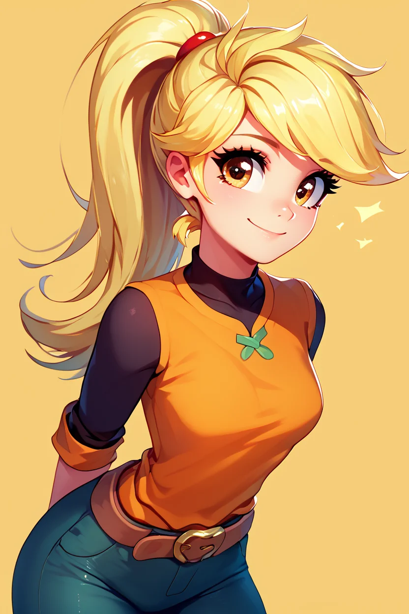 score_9, score_8_up, score_8, medium breasts, (curvy), cute, eyelashes,       BREAK, , zzYellow, brown eyes, blonde hair, long hair, ponytail, bangs, orange tunic, brown belt, pants, <lora:Yellow_Pokemon_PDXL_v2:0.8>, , BREAK, looking at viewer,  smile, upper body, leaning forward, head tilt,  embedding:zPDXL, Expressiveh, <lora:theButcherXPDXL:0.8>, <lora:CatalystStylePDXL:0.6>,  <lora:SDXLFaeTastic2400:0.5>,  <lora:Expressive_H-000001:0.4>,