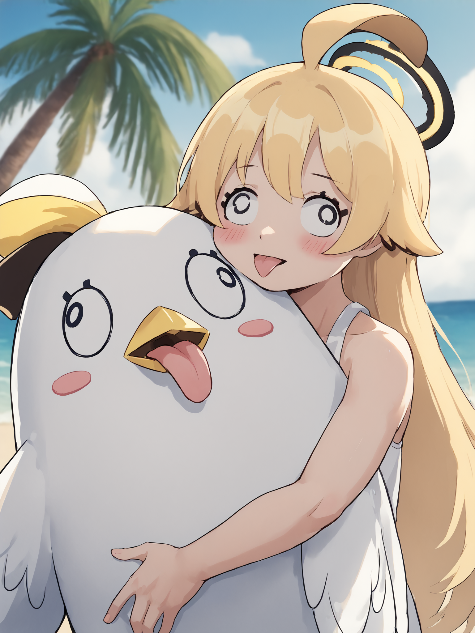 score_9, score_8_up, score_7_up, score_6_up, source_furry, BREAK
<lora:Peroro_Pony_v1:0.9>, open mouth, tongue out, (white bird:1.3), duck, blush stickers, animal focus, (peroro \(blue archive\):1.5), hawaii, palm trees, clouds, blue sky, surfing, tidal wave, ocean, water, very long tongue, splashing, BREAK
source_anime, 1girl, (hifumi \(blue archive\):1.5), hugging bird,