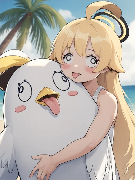 score_9, score_8_up, score_7_up, score_6_up, source_furry, BREAK
<lora:Peroro_Pony_v1:0.9>, open mouth, tongue out, (white bird:1.3), duck, blush stickers, animal focus, (peroro \(blue archive\):1.5), hawaii, palm trees, clouds, blue sky, surfing, tidal wave, ocean, water, very long tongue, splashing, BREAK
source_anime, 1girl, (hifumi \(blue archive\):1.5), hugging bird,