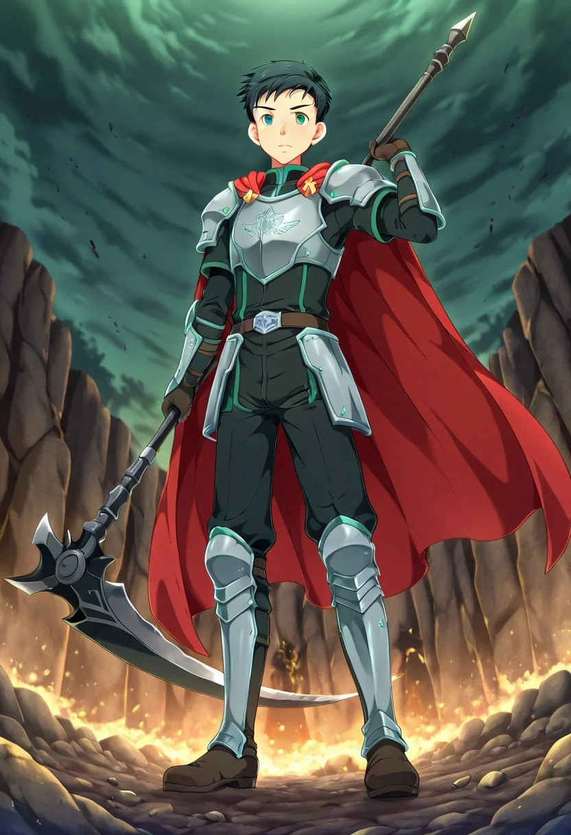 yuto_umemura, black hair, short hair, mint green eyes, 1boy, solo focus, he is dressed in a suit of dark iron platemail, Break, he is holding up a black coloured scythe, Properly holding the scythe, his armour bears a crest of a yellow eagle, fantasy armour, stylized silver eagle emblems and symbols on armour and sheild, Break, epic background is a a beautiful palace, a strong wind is blowing his cape, heavy plate armour, cyan coloured armour