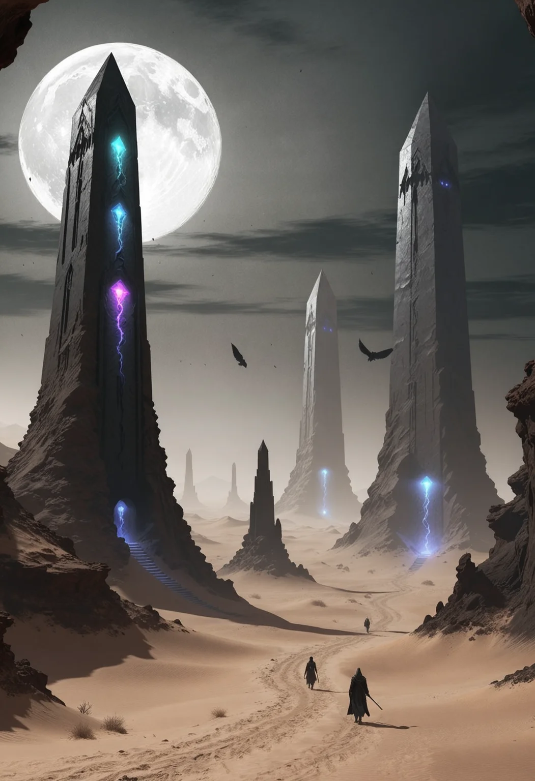 Lovecraftian fantasy videogame illustration showing a warping Fata Morgana in an otherworldly desertscape with colossal obelisks made of obsidian, piercing through the sands. With flickering light defining the unreal scenery; desaturated color scheme, deep shadows, ethereal, occult, masterpiece, very aesthetic <lora:dmd2_sdxl_4step_lora>