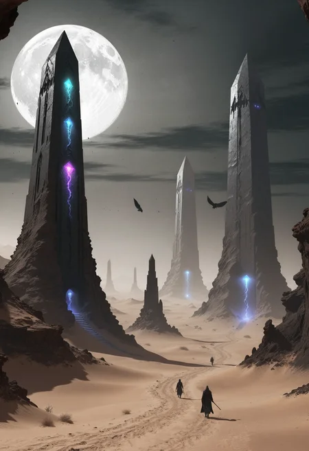 Lovecraftian fantasy videogame illustration showing a warping Fata Morgana in an otherworldly desertscape with colossal obelisks made of obsidian, piercing through the sands. With flickering light defining the unreal scenery; desaturated color scheme, deep shadows, ethereal, occult, masterpiece, very aesthetic    <lora:dmd2_sdxl_4step_lora>
