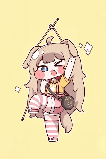 (trickcalcg, trickcal, chibi, chibi only:1.3), blush, blush stickers, butter \(trickcal\), 1girl, > <, ahoge, animal ears, arm up, bag, bell, blue eyes, blush, brown hair, chibi, claw pose, collar, dog ears, dog girl, dog tail, fang, horizontal-striped thighhighs, jingle bell, leg up, long hair, neck bell, pink footwear, pink shorts, ribbon, shirt, shoes, short sleeves, shorts, slingshot \(weapon\), solo, standing, standing on one leg, striped clothes, striped thighhighs, tail, thighhighs, white shirt, yellow ribbon, yellow shirt, simple background, yellow background, 
(masterpiece, best quality, absurdres, highres, newest, very awa:1.2), 