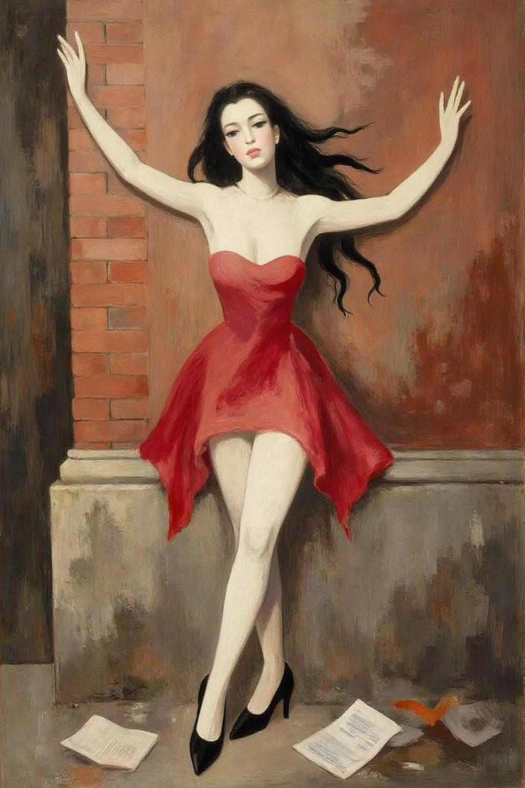 malau1 painting .
A woman leaning against a brick wall, set in an urban environment. She has long black hair flowing loosely and wears a short, strapless red dress that clings to her figure, emphasizing a sense of motion and sensuality. Her pose is dramatic, with her arms stretched against the wall and her head tilted slightly back, exuding a sense of vulnerability and allure. She is wearing black high-heeled shoes, and the ground below features scattered papers and debris, adding a gritty urban atmosphere. The brick wall and stone base provide a textured backdrop with warm tones, contrasting with the bold red of her dress.  <lora:malau1_cap_d6a3e12:1.0><lora:825102027169427595:0>