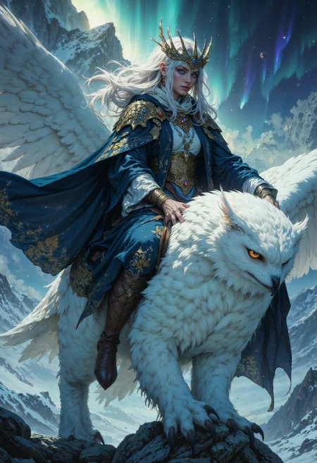 A majestic warrior with long, silver hair and piercing golden eyes rides atop a massive, snow-white owl, its wings spread wide against a breathtaking mountainous backdrop. She wears flowing robes in shades of deep blue, adorned with golden embroidery and intricate arcane patterns. A delicate yet regal antlered crown rests on her head, symbolizing her connection to the celestial winds. Her expression is one of unwavering determination as she grips the owl’s soft yet powerful plumage, guiding it toward the night sky illuminated by glowing auroras. The scene is filled with swirling snowflakes and the cold bite of the high-altitude winds, emphasizing the mystical and grandiose nature of her journey. The owl’s amber gaze is sharp and intelligent, its feathers shimmering with ethereal energy. The composition is highly detailed, cinematic, and atmospheric, evoking a sense of wonder and awe.