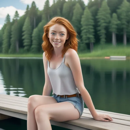 <lora:sophie-molgrin_xl:0.75> sophie-molgrin on a picturesque lakeside dock, wearing a casual summer outfitâshorts and a tank top. Sheâs sitting on the edge of the dock with her feet dangling over the water, enjoying the serene surroundings with a relaxed smile.