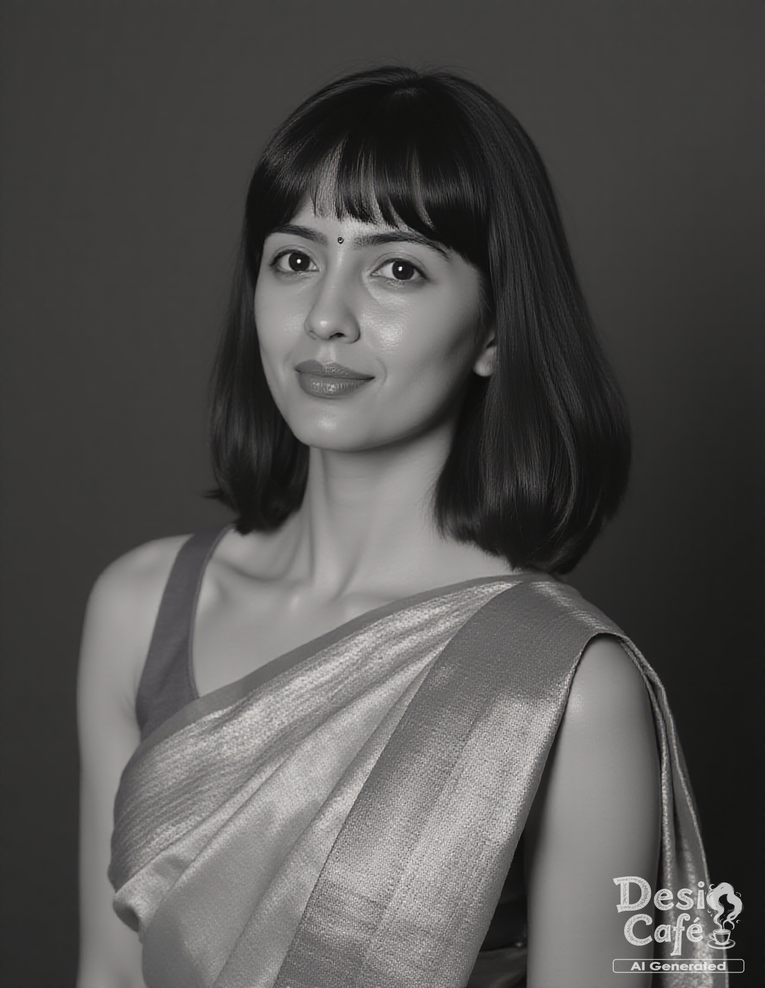 black and white non-nude photo of amritha aiyer woman, hyper realistic photo that is safe for work, shy smile, studio quality image with natural colors, well dressed wearing intricate sleeveless Sage Kanjeevaram Silk Saree, hair styled as  bangs,muted pastel shaded multicolored background that contrasts with the person, cinematic lighting,âââââ <lora:Amritha_Aiyer_Flux_Kohya_V1:1>âââ