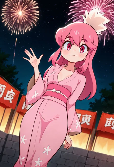masterpiece, best quality, amazing quality, very aesthetic, absurdres, diives,
masterpiece, best quality, high resolution, absurdres, 1girl, jakuzure_nonon, pink_eyes, pink_hair, long_hair, hair_down, small_breasts, kimono, outdoors, night, festival, fireworks, looking_at_viewer, happy, dutch_angle, waving