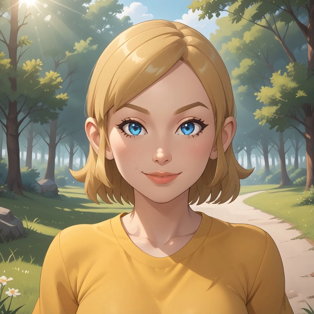 score_9, score_8, BREAK, wii, mii, wii sports, 1girl, female mii, cute, blonde hair, blue eyes, dark blonde eyebrows, lips, yellow clothing, white pants, shoes, breasts, nintendo mii, modern_mii, classic_mii, Sadie_(OC_Mii), sexy pose, self portrait, smile, outdoors, sunlight, shadows, evening lighting, natural lighting, forest, trees, grass, orange sky, sunset