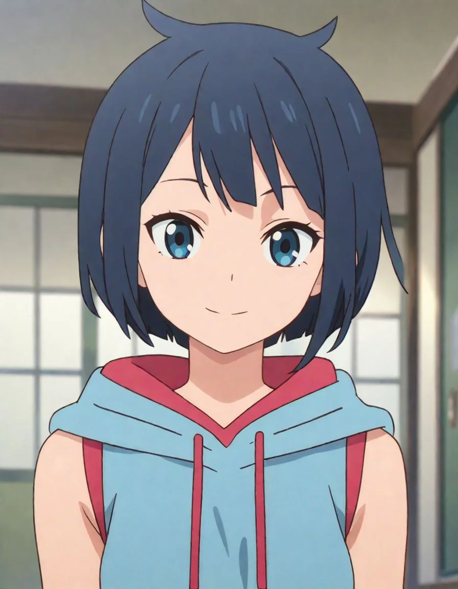 1girl, hood down, short hair, sleeveless hoodie, upper body, solo, black hair, blue hoodie, light smile, looking at viewer, close-up
, scrore_9, score_8_up, score_7_up, screencap
<lora:rou:1>