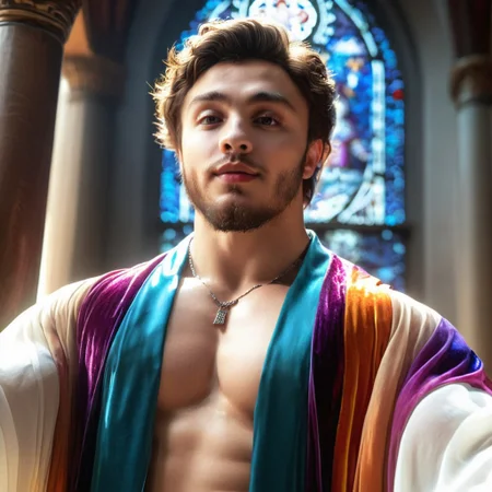 1boy, male focus, beard, Papi, from above, (handsome young cleric conjuring magic), facial hair, (shirtless), (intricate multicolored robes, silk shirt), long swirling robes, best quality, absurdres, masterpiece, light particles, stained glass, realistic face, realistic skin, bodybuilder, medium hair, (brutalmass, @brtlmss1)