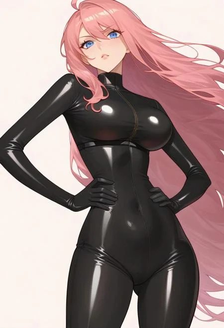 Masterpiece, High quality, anime, solo, 1girl, Oc, adult, tall, Agent spy woman, 1girl, tall, Very long pink hair, Black skintight latex bodysuit, full Black skintight latex gloves, blue eyes, very long pink hair, Black Latex skintight bodysuit, all black shiny latex suit, long zipper on center of suit, shiny Black latex skintight elbow gloves, shiny Black latex skintight thigh boots, gadget belt on waist, serious face expression, hands on hip, White background