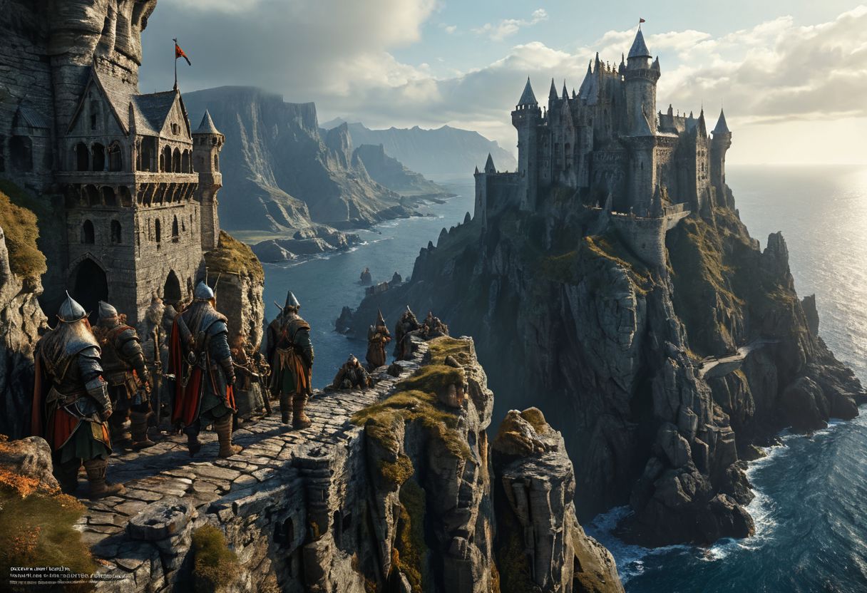 extremely detailed, hero shot, high detail, hires textures, incredibly detailed, intricate details, intricate diorama, masterpiece, outstanding intricacies, photorealism, true masterpiece, cliff background, pleasant, Stately, ( dnd fantasy, a group of humans and elves and dwarves in the foreground in a fantasy world, castle fortress on distant cliffside), with fantasy antiquity-ships in the far-distant background near horizon