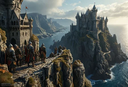 extremely detailed, hero shot, high detail, hires textures, incredibly detailed, intricate details, intricate diorama, masterpiece, outstanding intricacies, photorealism, true masterpiece, cliff background, pleasant, Stately, ( dnd fantasy, a group of humans and elves and dwarves in the foreground in a fantasy world, castle fortress on distant cliffside), with fantasy antiquity-ships in the far-distant background near horizon