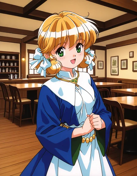 general,highres, ultra-detailed,very aesthetic,best quality ,best hands, BREAK <lora:Mahou_Shoujo_Meruru_IS:1>
Meruru, 1girl,solo, green eyes, blonde hair, twintails, short hair, breasts, BREAK, open mouth,
smile,looking at viewer, cowboy_Shot, BREAK,
Gothic Maid, cafe,