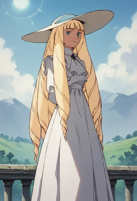 <lora:KihelTurnAPony1.0:1>Kihel, 1girl, solo, blonde hair, long hair,sun hat, dress, very long hair, outdoors, white dress, drill hair, score_9, score_8_up, score_7_up, score_6_up, score_5_up, score_4_up, looking at viewer,