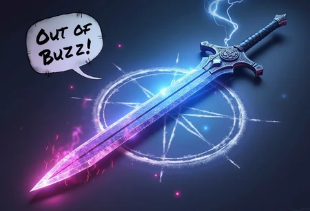 magic circle drawn, a speech bubble with "OUT OF BUZZ!", a faint wisp of smoke emanates from the magic circle,
(sword:1.25), blue crystalz arcane greatsword, black steel handle,
BREAK,
misty pink effect, magic circles, steam,
BREAK,
dynaming lights, glowneon, lightning, sparks,
BREAK,
horizontal laying sword,
BREAK,
High resolution, masterpiece, best quality,