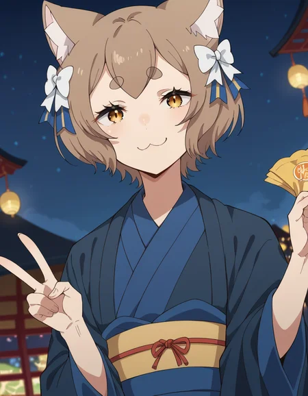 score_9, score_8_up, score_7_up, source_anime, <lora:felix-argyle-s3-p1-ponyxl-lora-nochekaiser:1>, felix argyle, short hair, bangs, brown hair, bow, animal ears, hair bow, male focus, cat ears, eyelashes, bob cut, thick eyebrows, white bow, otoko no ko,, japanese clothes, kimono, blue kimono, casino, games, lights, chips, luck, smile, v, v over eyes,, looking at viewer, solo,, dutch angle, cowboy shot