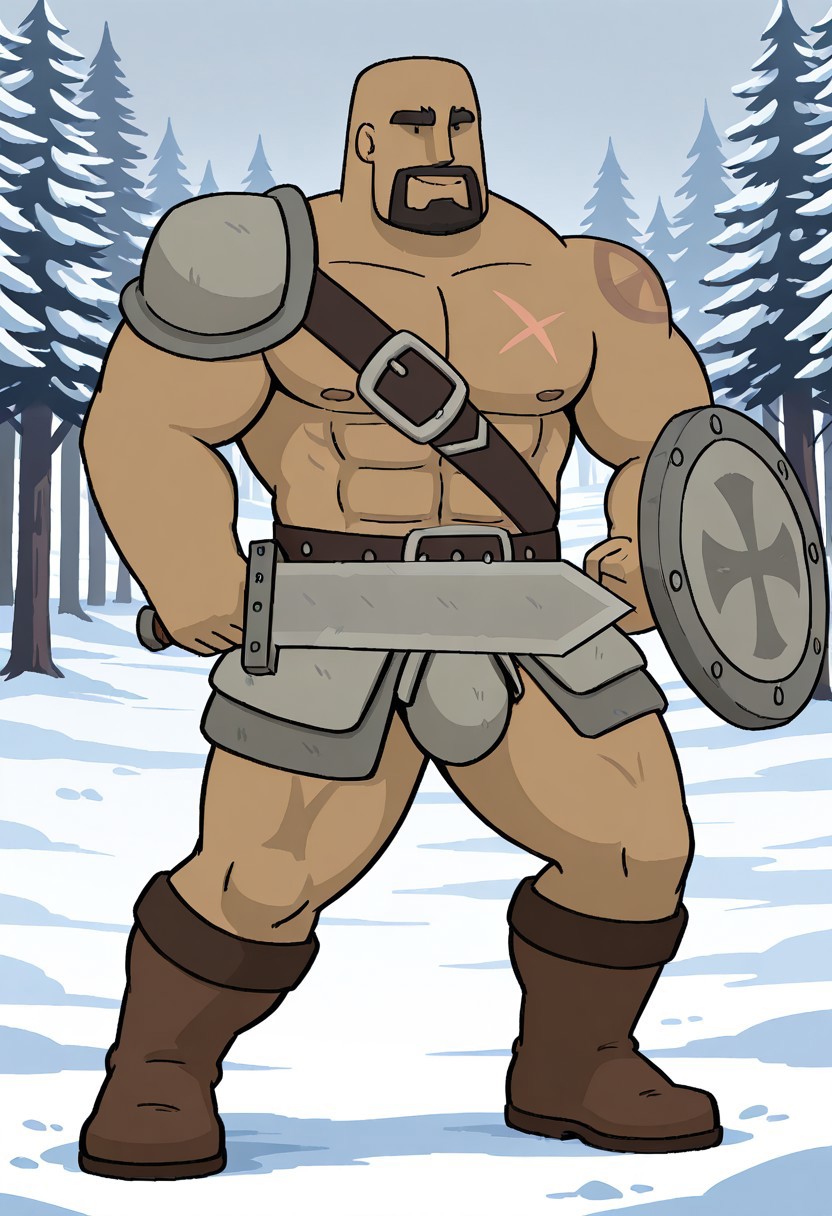 detailed background, detailed background, masterpiece, perfect quality, best quality, detailed, newest, very aesthetic, SelimRMA, facial hair, bald, bara, solo, beard, dark skin, 1boy, male focus, winter mountains background. black dot eyes, scar, holding a sword in right hand, holding a shield on left arm, shoulder armor on right shoulder, battle stance, furrowed eyebrows, looking at viewer, smile