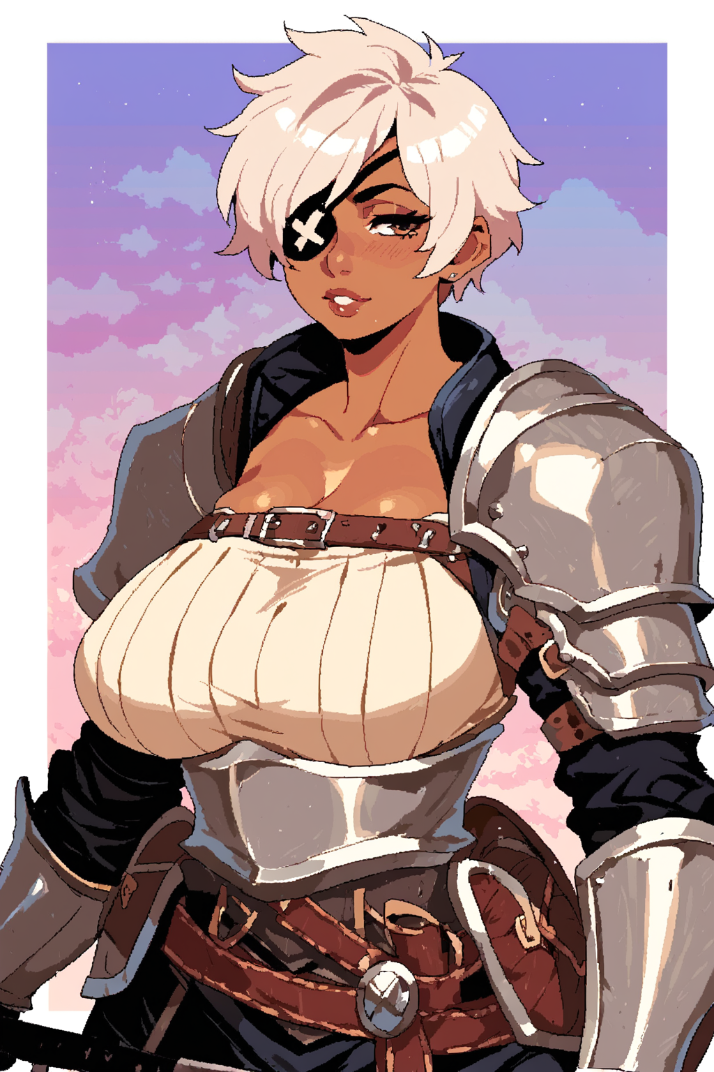 <lora:s-purple-style:1>, score_9, score_8_up, score_7_up, score_6_up, 
1girl, solo, mature female, tomboy, dark skin, sexy, 
armor, ornate, hetero, 
short hair, light hair, half closed eyes, eyepatch, 
large breasts, 
voluptuous