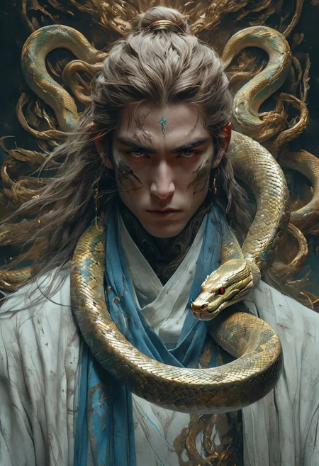 minimalism style, WLOP art style, a character worrior , facial muscles, eye light, snake behind, cinematic foootage, fantasy, intricate details,8k post production,dark red gold tone blue white green