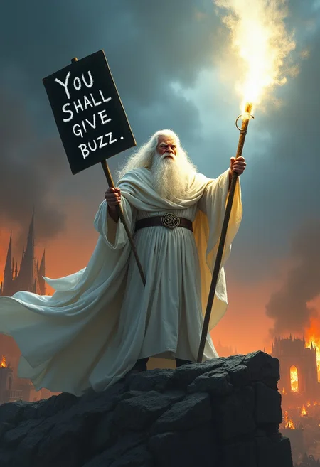 Photo of Gandalf the White standing boldly on the battlements of Minas Tirith, his white robes and cloak flowing in the wind. His staff blazes with radiant light, cutting through the darkness of the battlefield. He is looking at the viewer extremely angry.
He holds a black sign with white chalk letters saying"You shall give Buzz".
Around him, chaos reigns—Orcs swarm, fires rage, and the sky is filled with dark clouds. Gandalf’s eyes burn with fierce determination as he raises his staff, emitting a blinding light that pushes back the shadows. The scene captures the epic clash of light against darkness, highlighting Gandalf’s heroic presence as a beacon of hope in the midst of war.