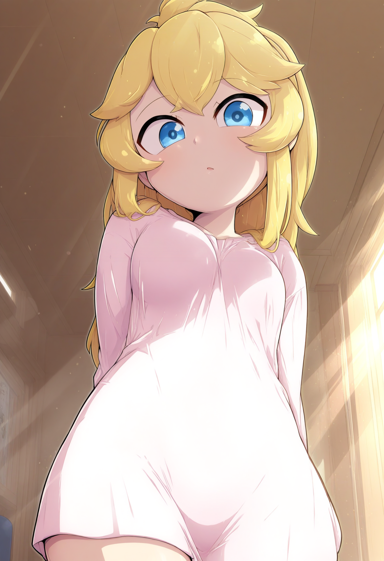 masterpiece,best quality,good quality,newest, <lora:tokyu_mikan_style_IL:1>, tokyu_mikan_style, 1girl, blonde hair, 
looking at viewer, cowboy shot, 
indoors, light rays,